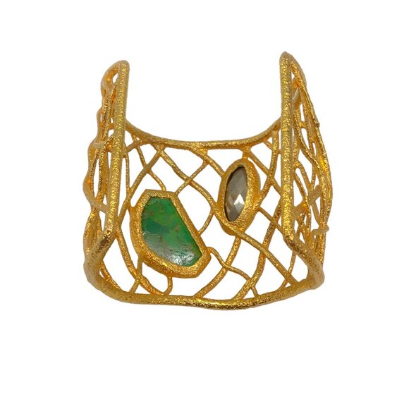 ALEXIS BITTAR GREEN STONE GOLD WIRE WIDE CUFF BRACELET - Picture 2 of 3